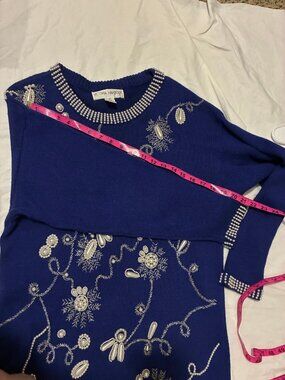 Vintage Victoria Harbour Beaded Pearl Sweater — Navy, Size M